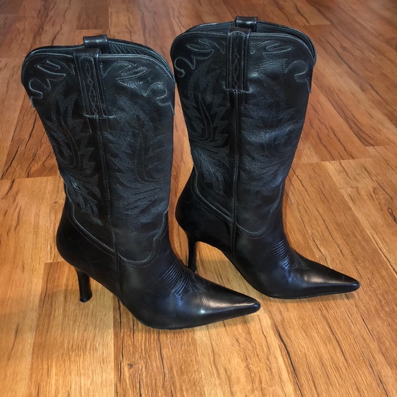 Charlie Horse Black Cowboy Heel Boots 37 1/2 - Picture 2 of 8